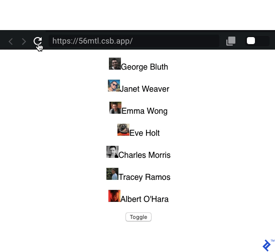 An animation showing the toggling page with caching enabled. The specifics are described in the article.
