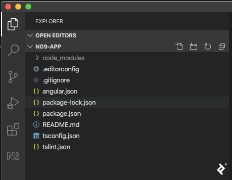 A screenshot of an IDE showing the ng9-app folder, containing node_modules, .editorconfig, .gitignore, angular.json, package-lock.json, package.json, README.md, tsconfig.json, and tslint.json.