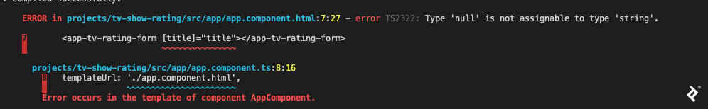 A screenshot of Angular 9/Angular Ivy compiler output, in a format similar to the previous one, highlighting app.component.html with "error TS 2322: Type 'null' is not assignable to type 'string'."