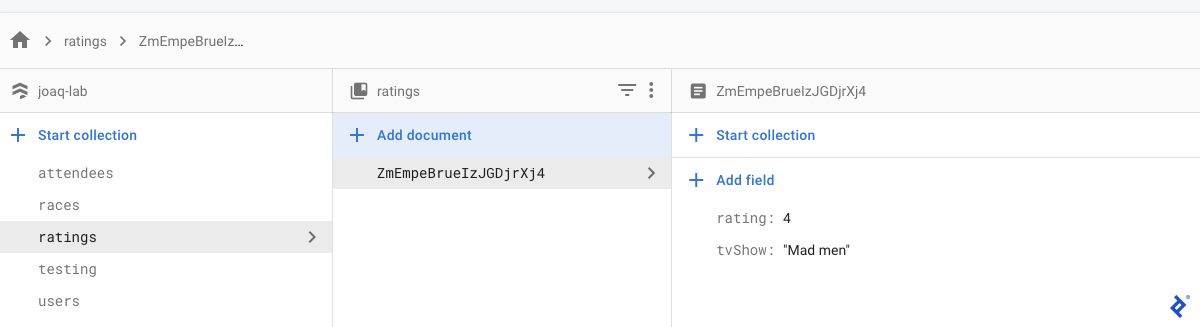 A screenshot of the Firebase Console. In the left column is joaq-lab with some collections: attendees, races, ratings, testing, and users. The ratings item is selected and is featured in the middle column with an ID selected—it's the only document. The right column shows two fields: "rating" is set to 4, and "tvShow" is set to "Mad men."