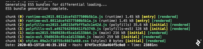 A screenshot of Angular 9's "ng build --prod" output. It starts with "Generating ES5 bundles for differential loading..." After that's done, it lists several JavaScript file chunks—runtime, polyfills, and main, each with a -es2015 and -es5 version—and one CSS file. The final line gives a timestamp, hash, and a runtime of 23,881 milliseconds.