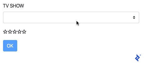 A screencap of an Angular 9 tutorial app showing a form titled "TV SHOW," with a dropdown listing a handful of show titles, a star-meter, and an OK button. In the animation, the user selects a show, selects a rating, and then clicks the OK button.