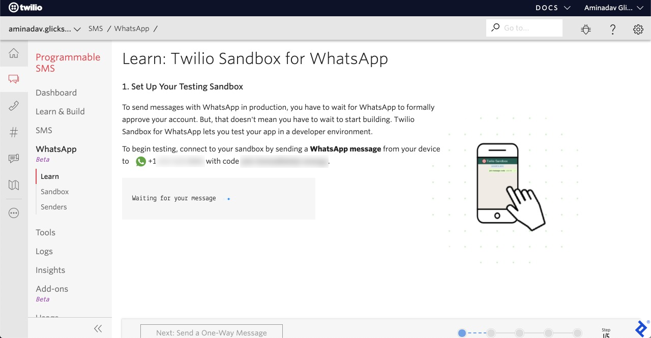 A screenshot of the setup step of Twilio's WhatsApp sandbox, waiting for a special WhatsApp message to be sent to a particular number.