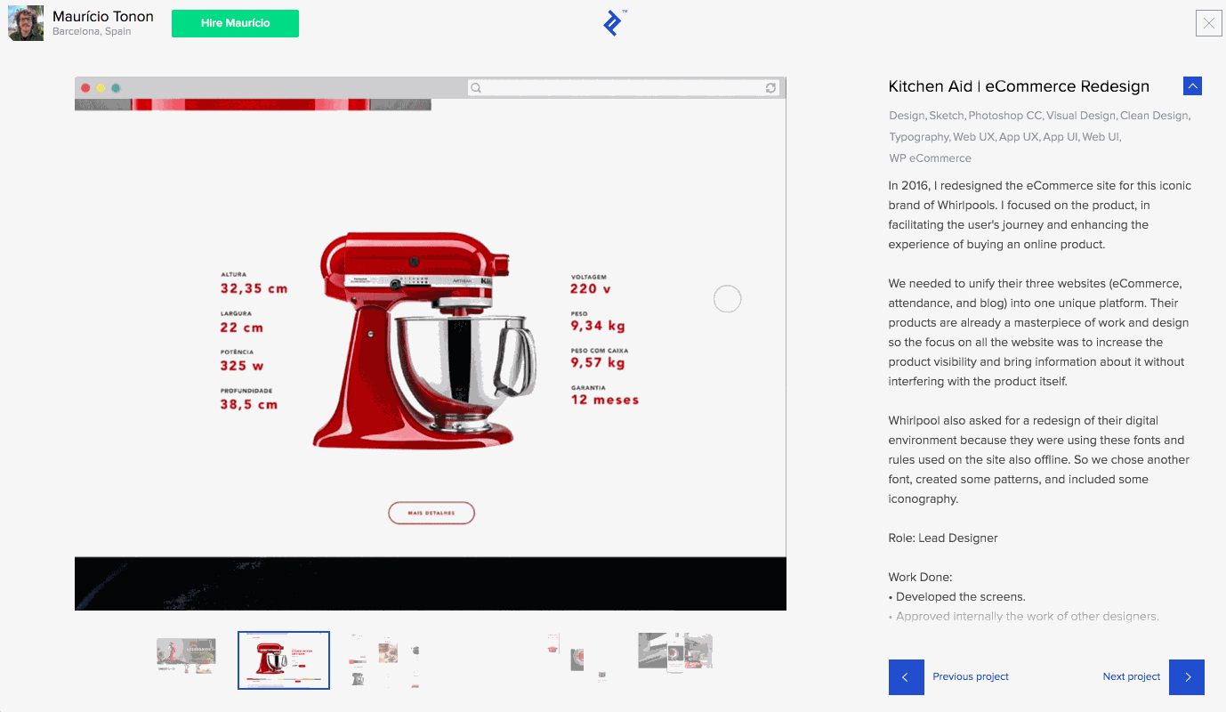 顶尖的设计师MaurícioTonon的作品集包括对背景的清晰项目描述，他的角色，所使用的技能和工具，以及对该项目的生动展示。