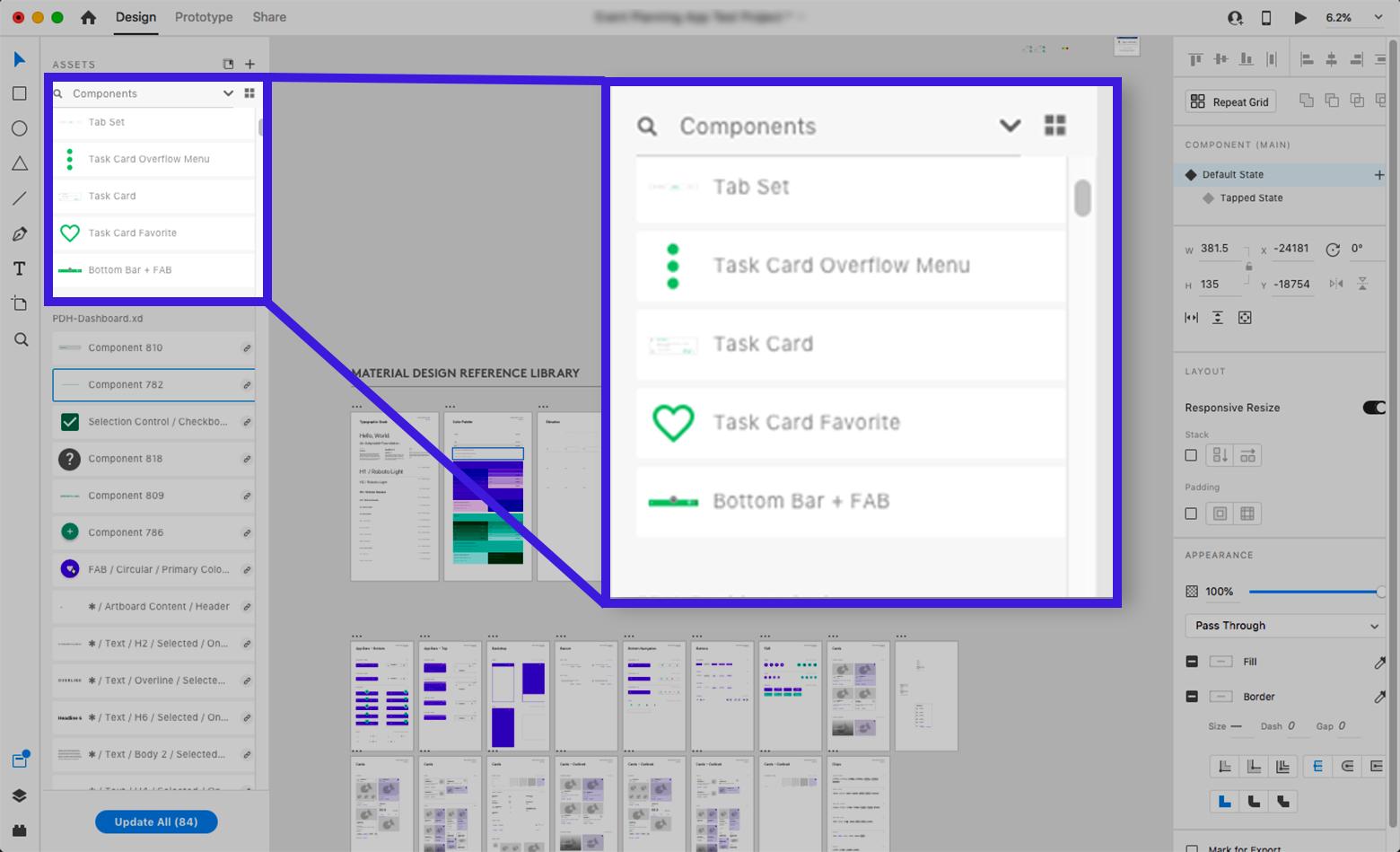 Adobe XD components can be inspected in detail in the Assets panel.