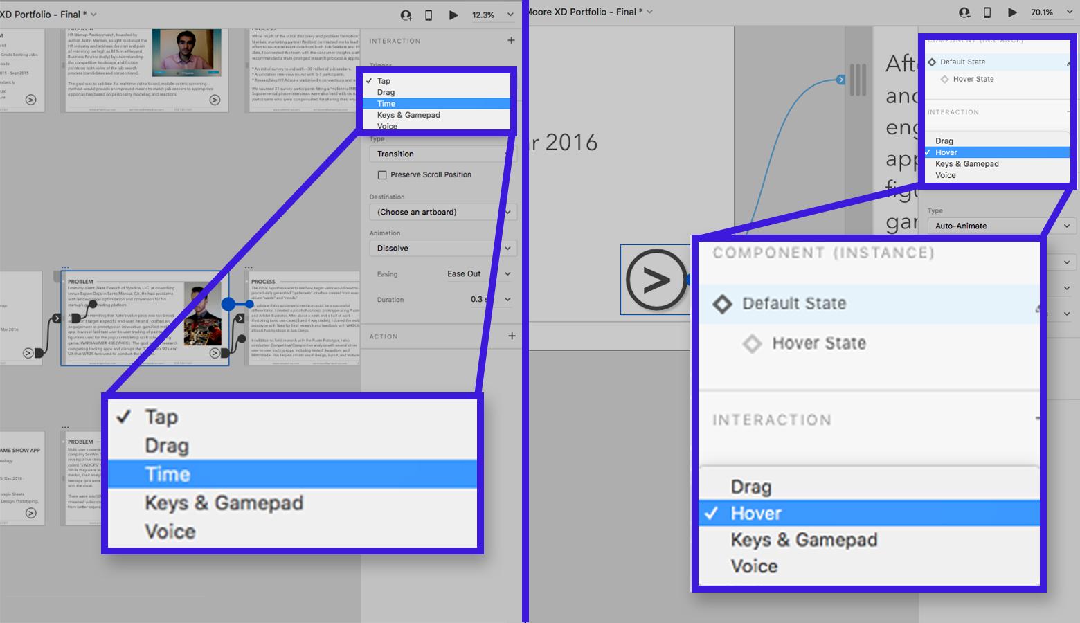 Time-based transitions exist only between artboards, not between Adobe XD component states.